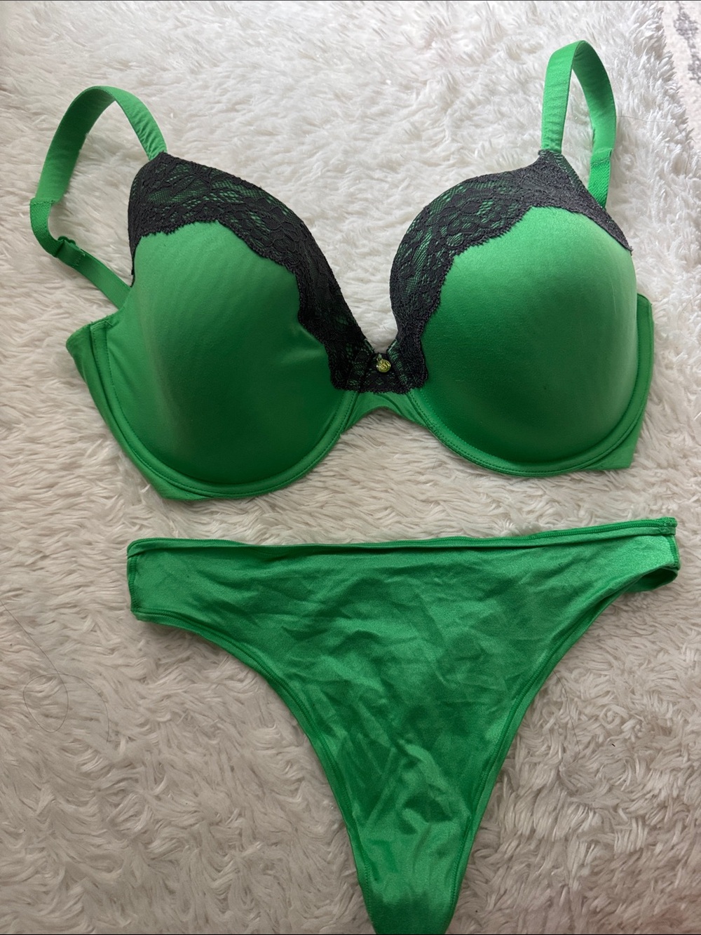 Victoria's Secret Green Bra & Bikini Set with Black Lace